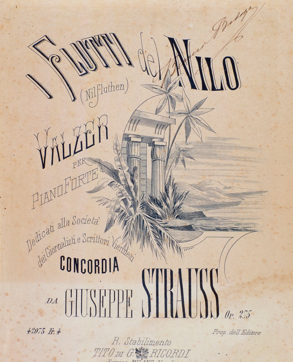 Frontespizio delle partiture musicali di Nile Waters Waltzes per pianoforte di Josef Strauss da Anonymous Anonymous