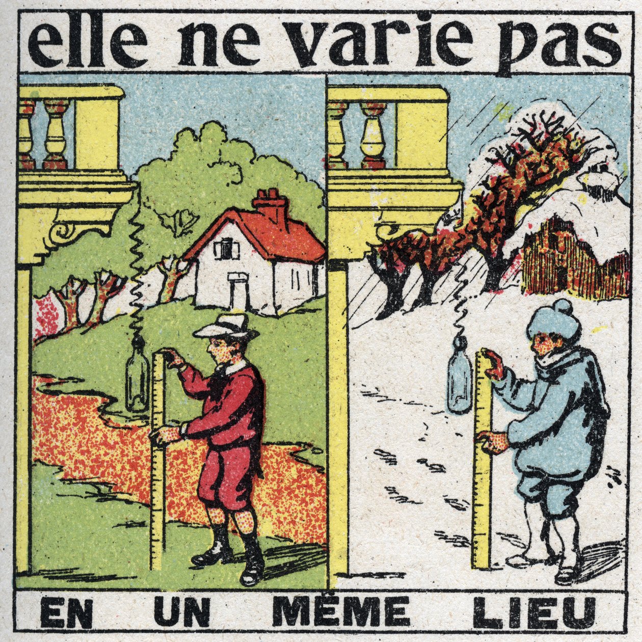 Granulosità: non varia in un luogo. Un bambino misura la gravità con una molla nello stesso luogo in estate e in inverno. Illustrazione anonima del 1925. Collezione privata. da Anonymous Anonymous