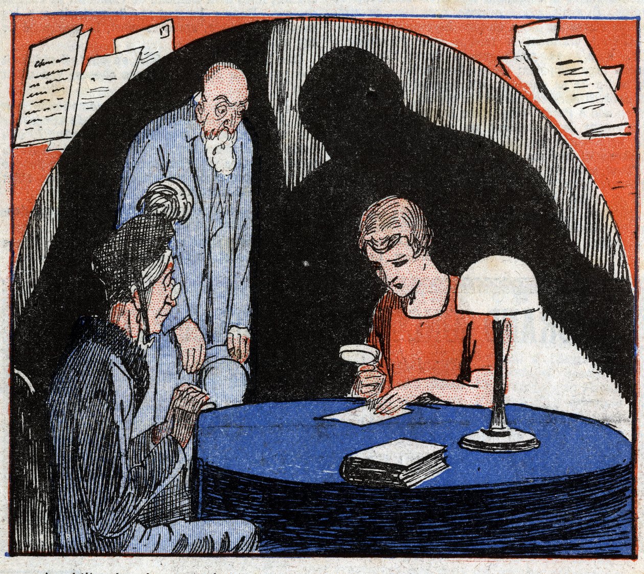 Grafologia: un grafologo, consultato da una coppia anziana, legge con una lente d