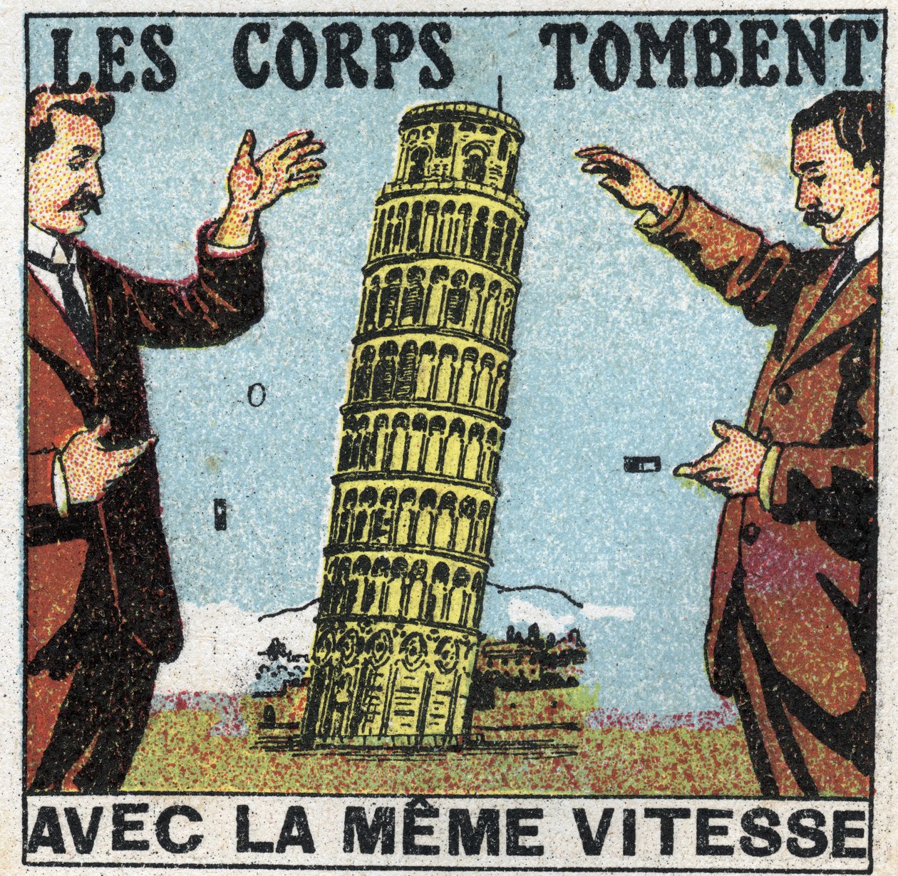 Gravità: i corpi cadono alla stessa velocità. Uso della Torre di Pisa per illustrare le leggi della caduta dei corpi. Illustrazione anonima del 1925. Collezione privata. da Anonymous Anonymous