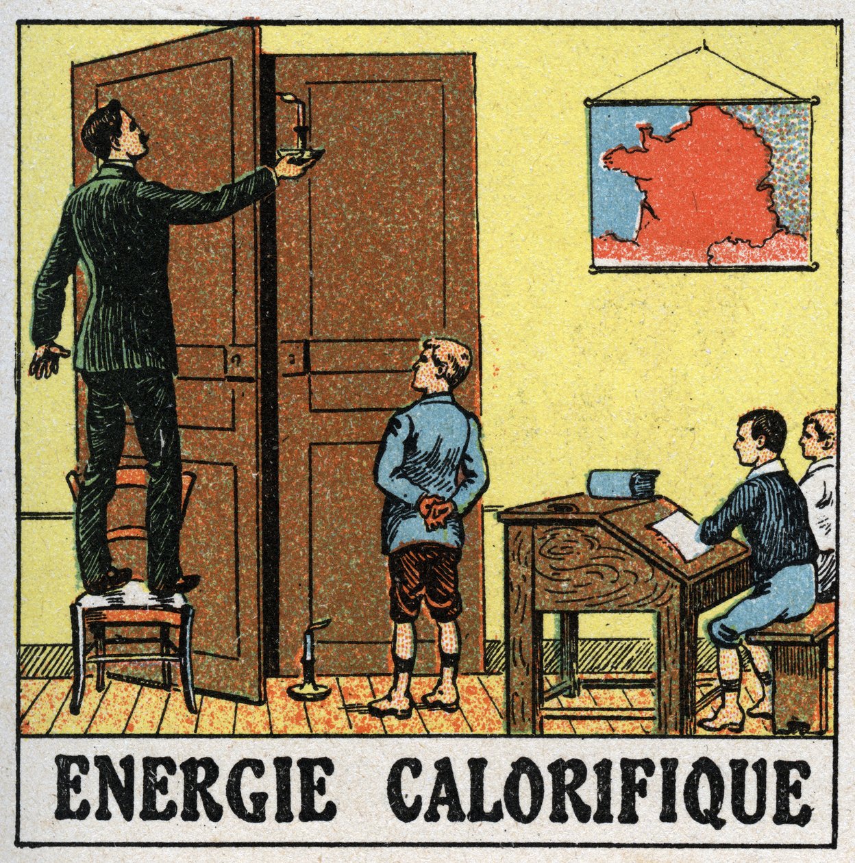 Energia termica: un insegnante in una classe tiene una candela vicino a una porta aperta. Illustrazione anonima del 1925. Collezione privata. da Anonymous Anonymous