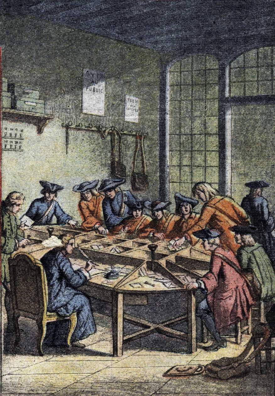 Storia delle poste: una sala di smistamento sotto il regno di Luigi XV (dettaglio) da Anonymous Anonymous
