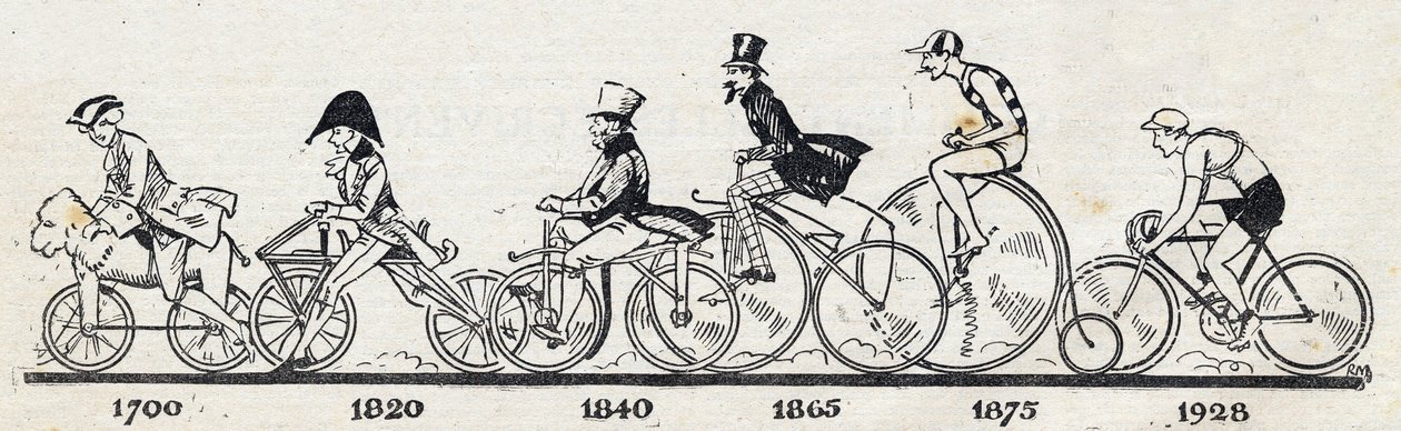 Storia della bicicletta: diversi modelli di biciclette dal 1700 al 1928. Incisione in "Le petit journal illustre" da Anonymous Anonymous