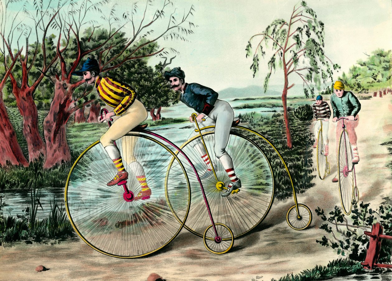 Storia della bicicletta: corsa di grand bi (grand bi). Incisione del XX secolo. Collezione privata da Anonymous Anonymous