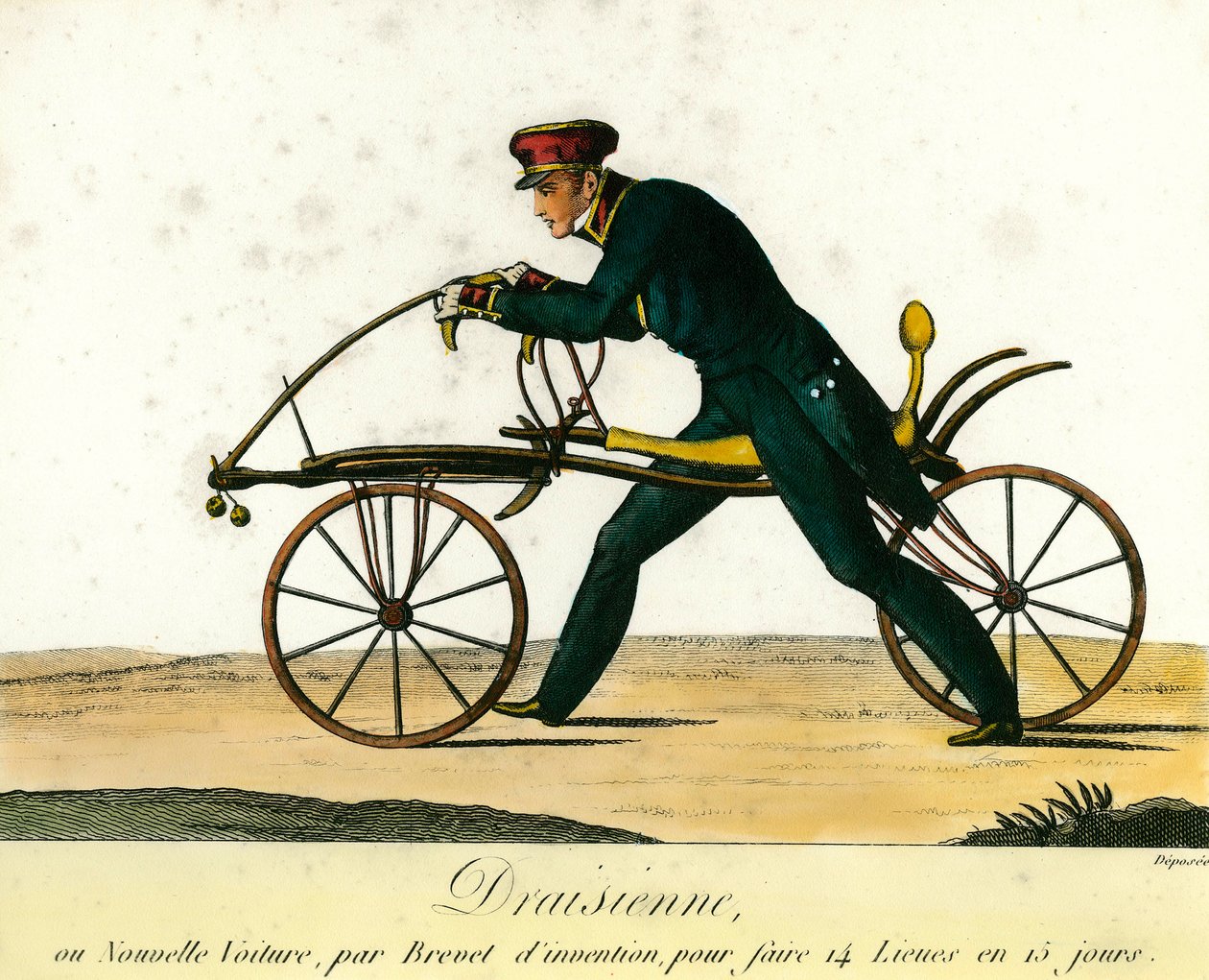 Storia della bicicletta: la draisienne, una nuova carrozza molto popolare intorno al 1818. Incisione del 1818. Collezione privata da Anonymous Anonymous