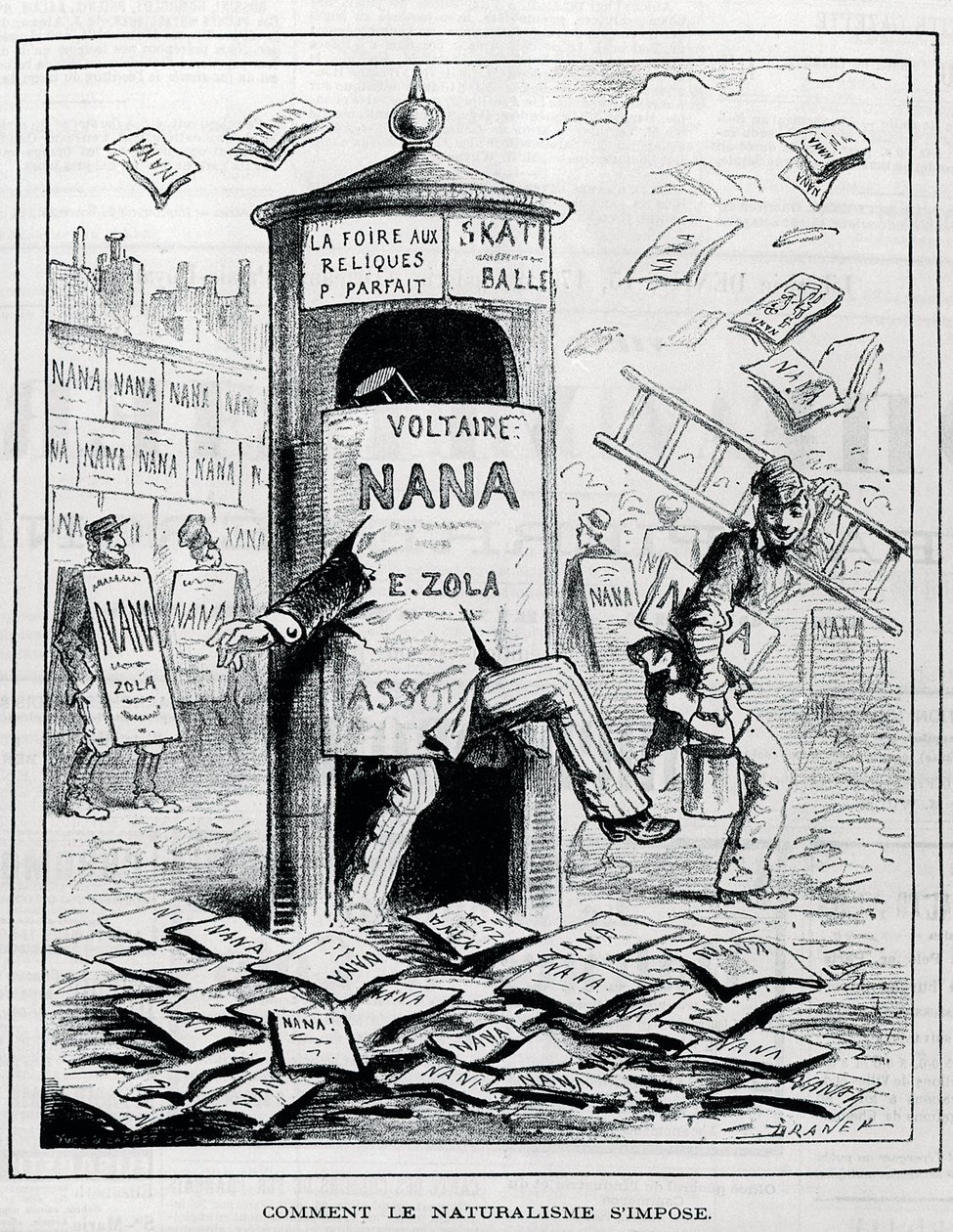 Come si impone il naturalismo: disegno satirico sul romanzo naturalista del libro "Nana" di Emile Zola. Incisione del XIX secolo. Collezione privata. da Anonymous Anonymous