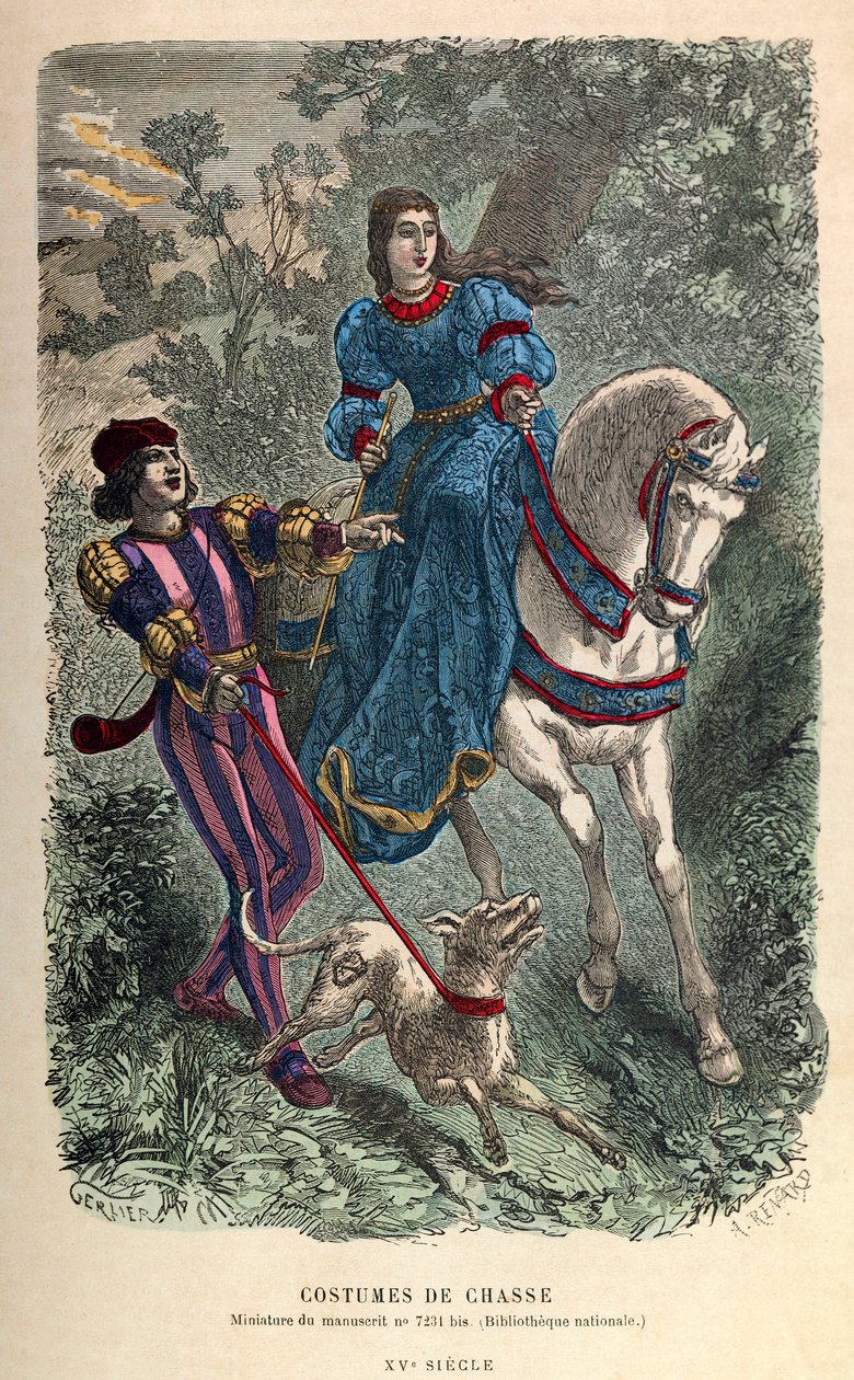 Costumi da caccia nel XV secolo, giovane donna a cavallo con il suo scudiero, collezione privata da Anonymous Anonymous