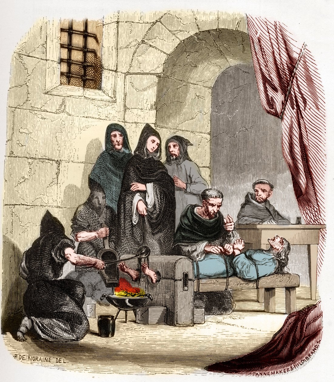 Inquisizione in Spagna nel XV secolo: Maria di Borgogna (1457-1482), accusata di essere ebrea, è torturata da (san) Pietro di Arbues (1441/1442-1485), inquisitore spagnolo: le brucia i piedi. Illustrazione in 