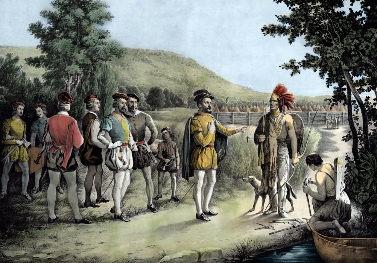 Jacques Cartier, il suo primo incontro con gli indiani a Hochelaga ora Montreal nel 1535 da Anonymous Anonymous