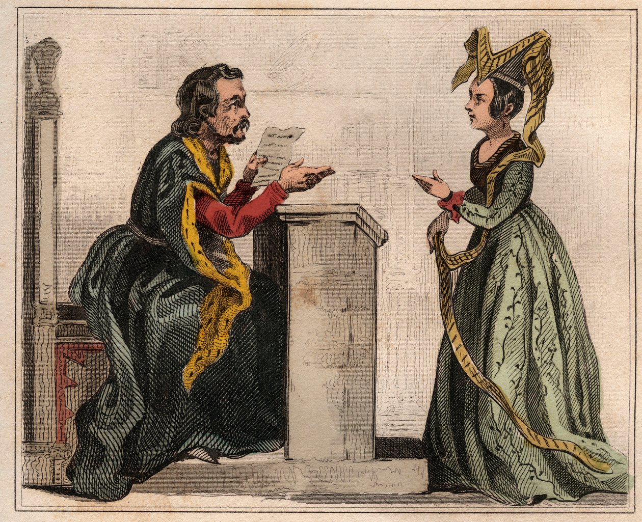 Jehan Pastoret (1328-1405), presidente del Parlamento di Parigi sotto il regno di Carlo V con una nobildonna, che indossa un liripion. Incisione del 1859 in "Le Monde. Storia di tutti i popoli dai tempi più remoti ai giorni nostri" di M. E. de Lostalot-Bac da Anonymous Anonymous