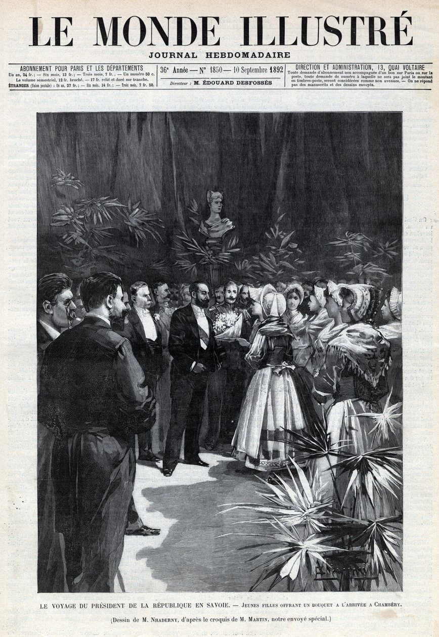 Viaggio di Sadi Carnot (1837-1894) in Savoia: il Presidente della Repubblica è accolto a Chambery da giovani ragazze che gli offrono un mazzo di fiori. Incisione in "Le monde illustree" del 1892. Collezione privata da Anonymous Anonymous