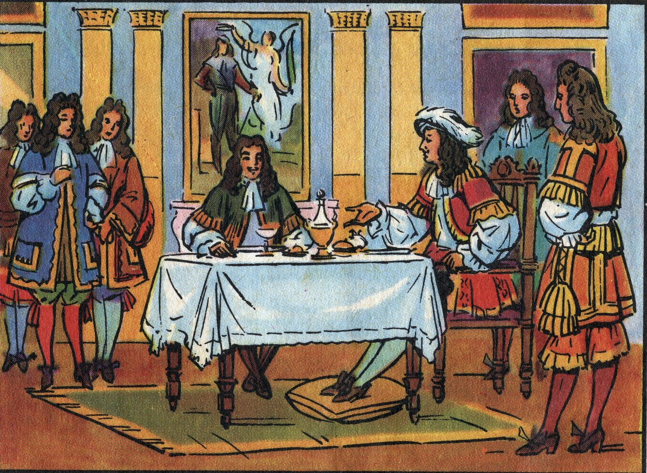 Re Luigi XIV (1638-1715) riceve il commediografo e drammaturgo Jean Baptiste Poquelin detto Molière (1622-1673) durante una colazione alla presenza della corte al castello di Versailles. Illustrazione anonima in "Collection des souverains et chefs d