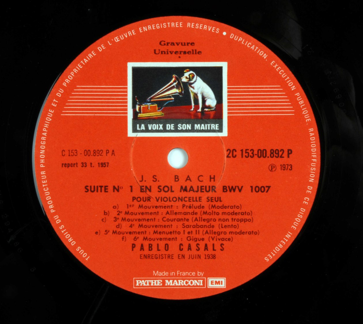 Etichetta del disco 33 giri (disco in vinile) del marchio "EMI la voce del suo padrone" di Pablo Casals che interpreta le 6 suite per violoncello di Johann Sebastian Bach da Anonymous Anonymous