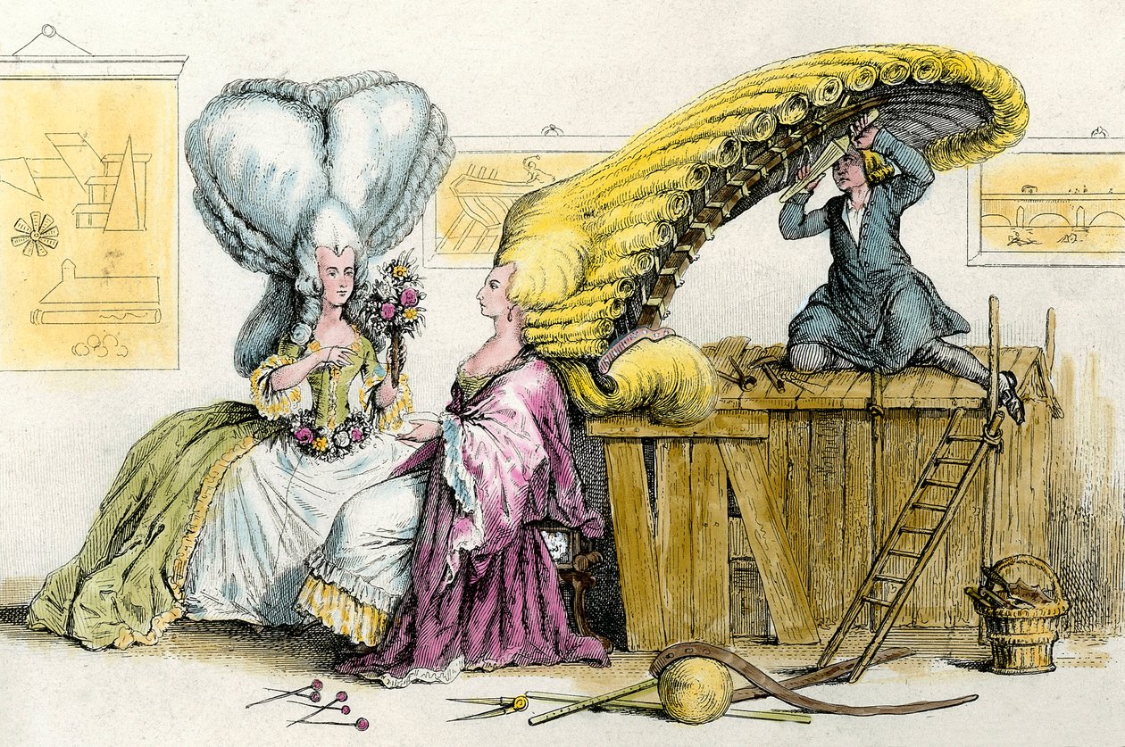 Grandi acconciature eccentriche: giovani donne della nobiltà acconciate con una parrucca. Incisione del 1788 Collezione privata da Anonymous Anonymous
