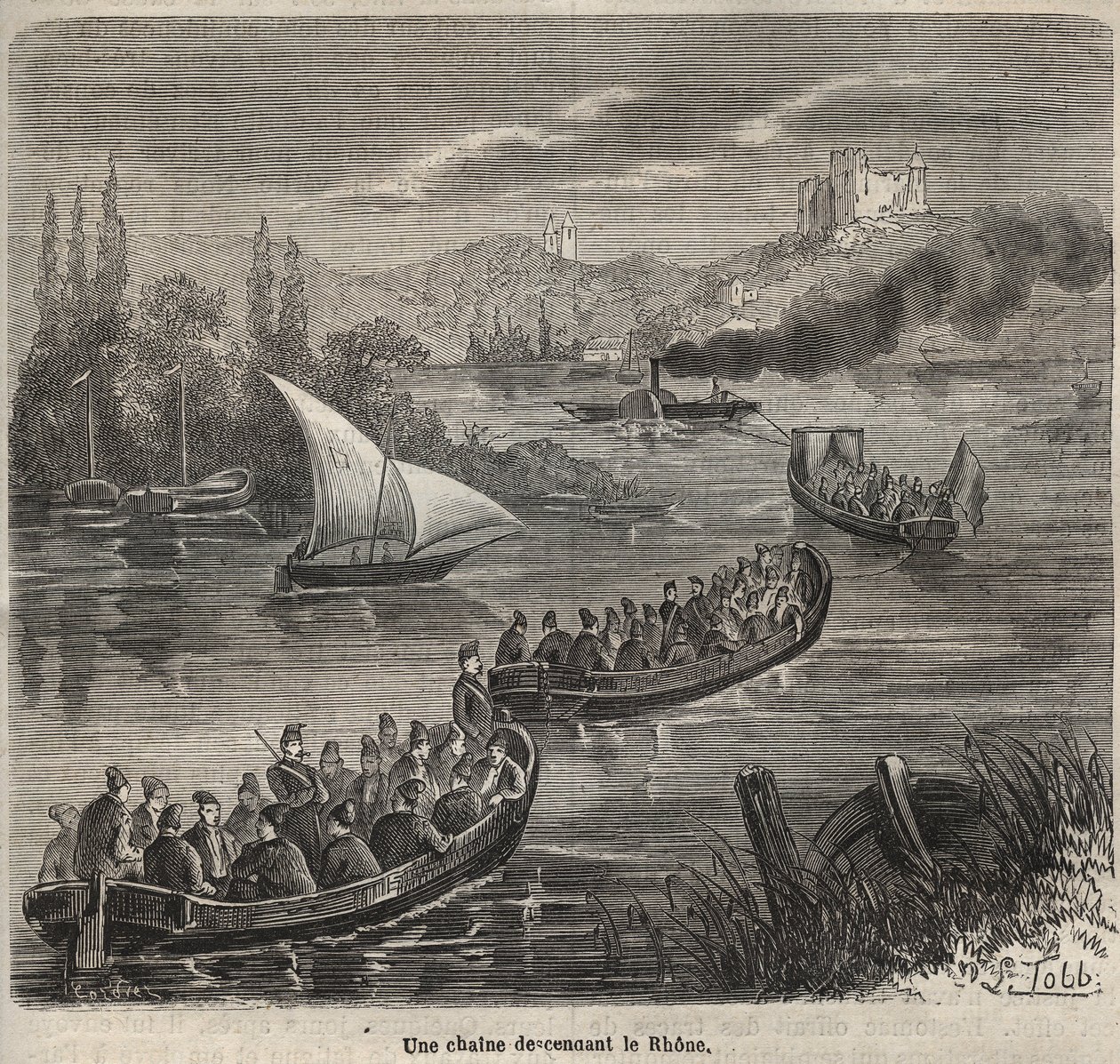 Il bagno di Tolone - una catena che scende il Rodano - Incisione in “Histoire des bagnes depuis leur création à nos jours” (1877) di Pierre Zaccone (1817-1895) (Colonia Penale) da Anonymous Anonymous