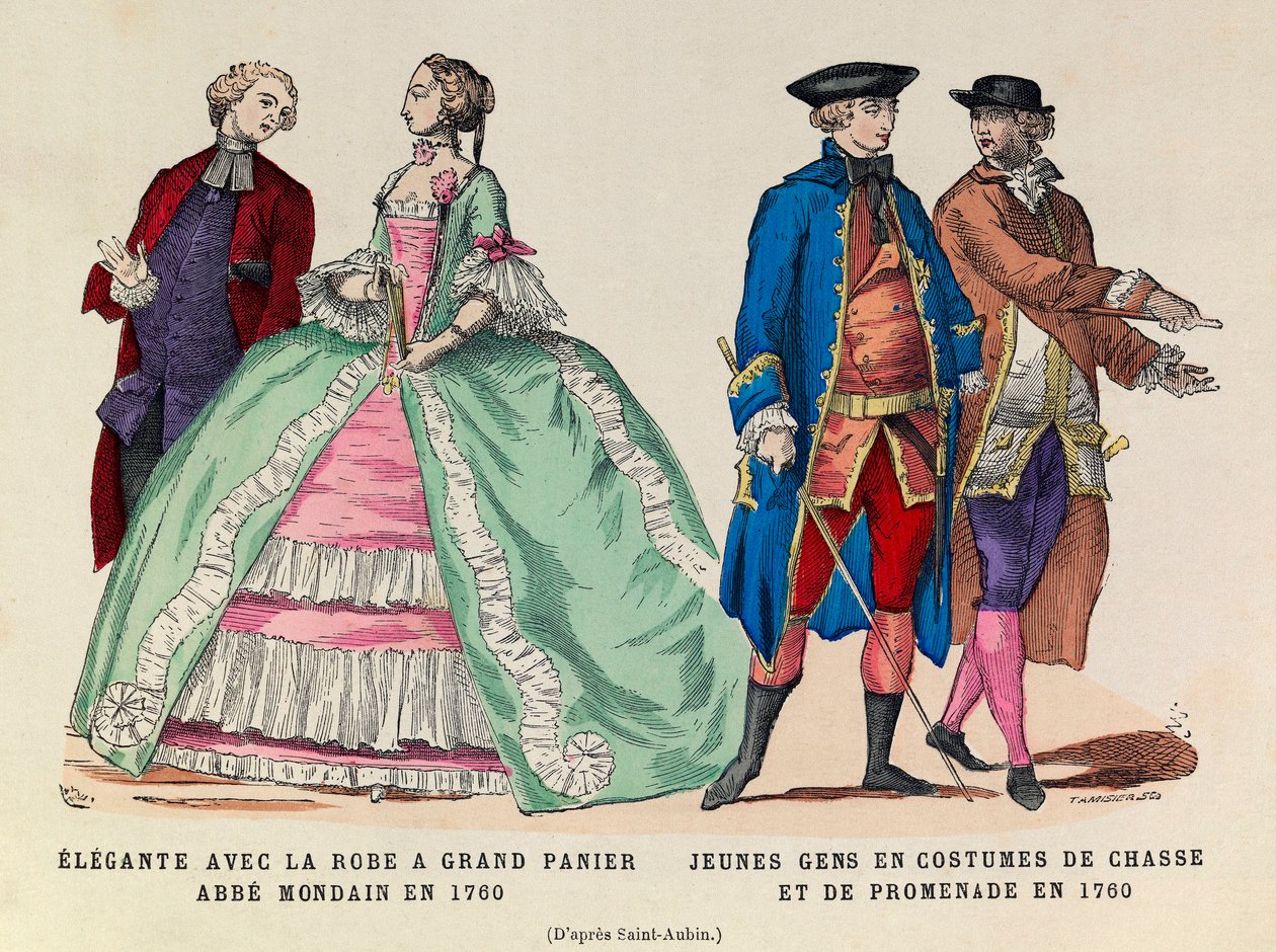 Sinistra: Elegante con abito a grande cesta, abate mondano nel 1760 / Destra: Giovani uomini in abito da caccia e passeggio nel 1760 (regno del re Luigi XV) - collezione privata da Anonymous Anonymous