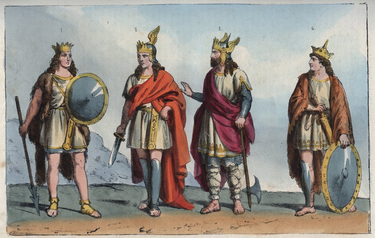 I Merovingi - dinastia merovingia - Faramondo - Clodione - Meroveo e Clodoveo - incisione da 