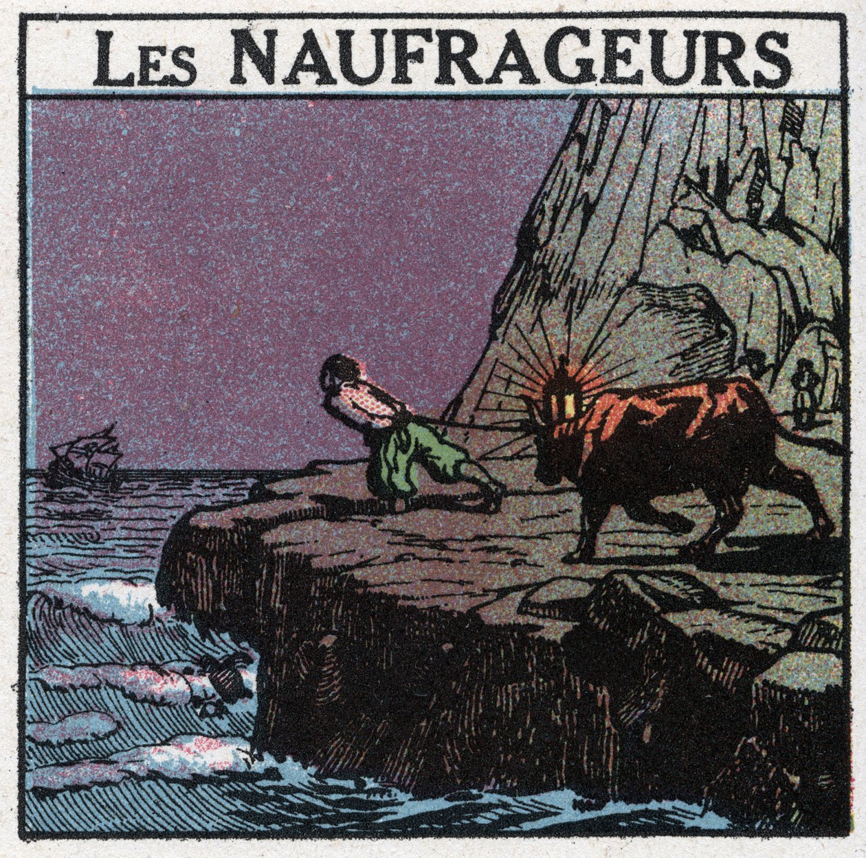 Segnali luminosi: i naufragi. Un uomo appende una lanterna tra le corna di una mucca e cammina lungo la costa per far credere alle barche di essere ancora lontane dalle rocce e provocare così il loro affondamento per recuperare il relitto. Illustrazione an da Anonymous Anonymous