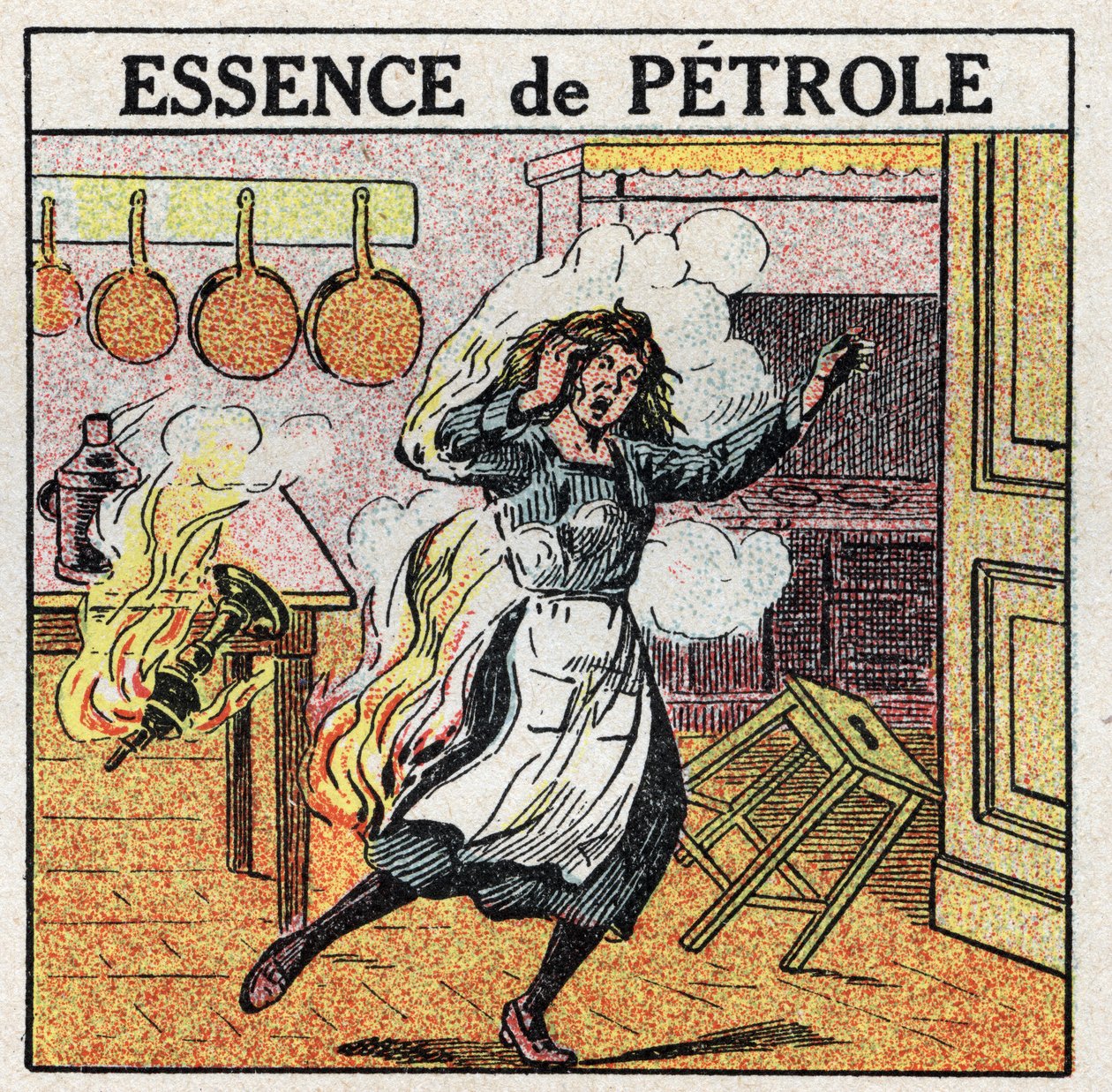Fonti di luce: una donna prende fuoco mentre manipola una lampada a petrolio. Illustrazione anonima del 1925. Collezione privata. da Anonymous Anonymous