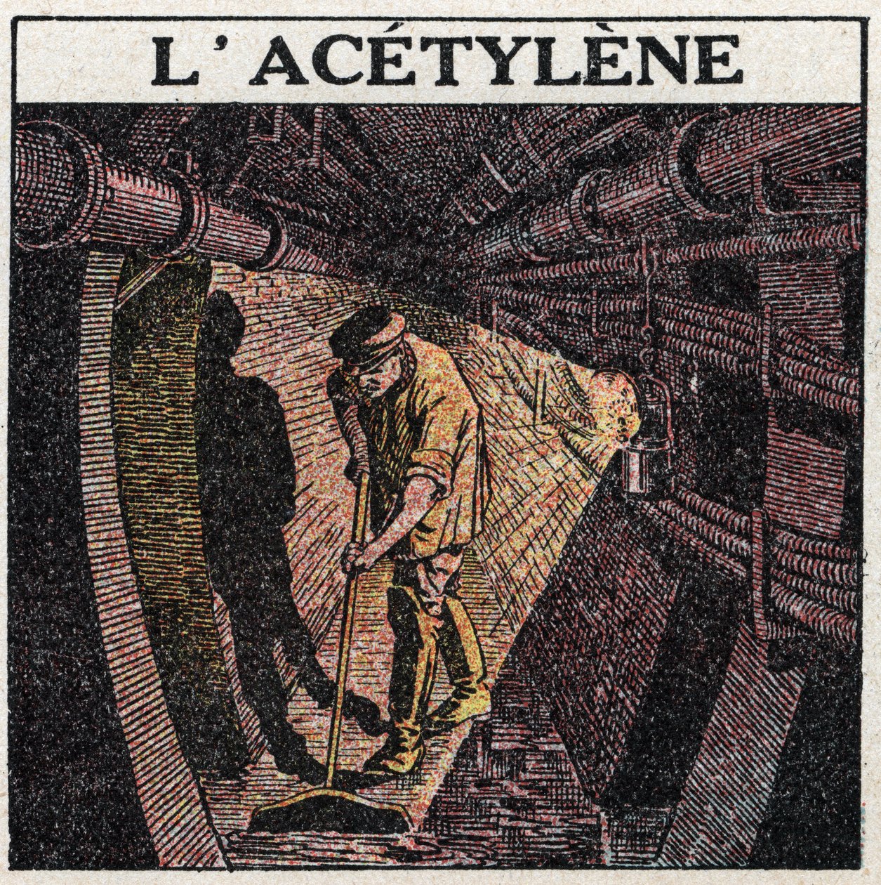 Fonti di luce: illuminazione con acetilene usata nei tamburi. Illustrazione anonima del 1925. Collezione privata da Anonymous Anonymous