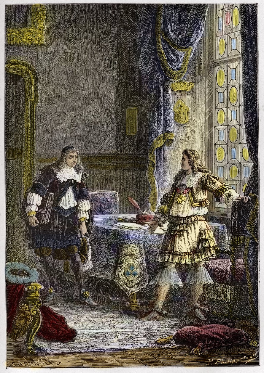 Luigi XIV congeda Nicolas Fouquet - Luigi XIV licenzia il Sovrintendente delle Finanze, Nicolas Fouquet - incisione da 