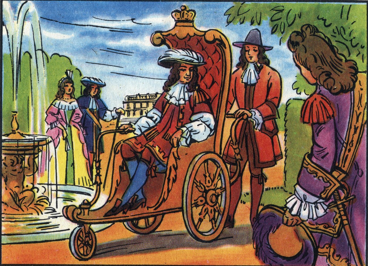 Luigi XIV in passeggiata, il Re di Francia Luigi XIV (1638-1715), seduto su una sedia a rotelle, passeggia nel parco di Versailles. Illustrazione anonima in "Collection des souverains et chefs d