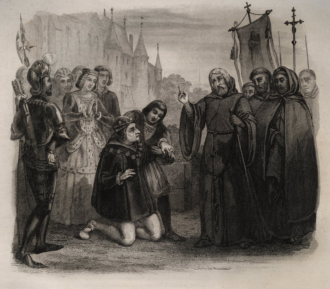 Luigi XI (1423-1483) chiede la sua guarigione a Francesco di Paola (1416-1507). Incisione del 1846 in “Lives of the saints” da Anonymous Anonymous