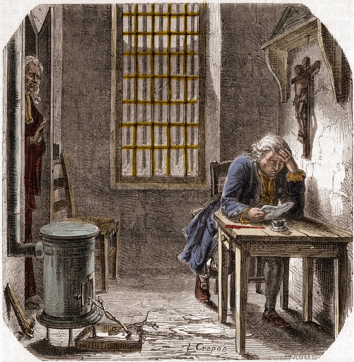 Luigi XVI (1754-93) legge il suo testamento nel Tempio 1792 - Luigi XVI legge il suo testamento nella torre del Tempio il 25 dicembre 1792 - Incisione in "Histoire des Girondins" di Alphonse de Lamartine (1790-1869) 1865-1866 - Collezione privata da Anonymous Anonymous