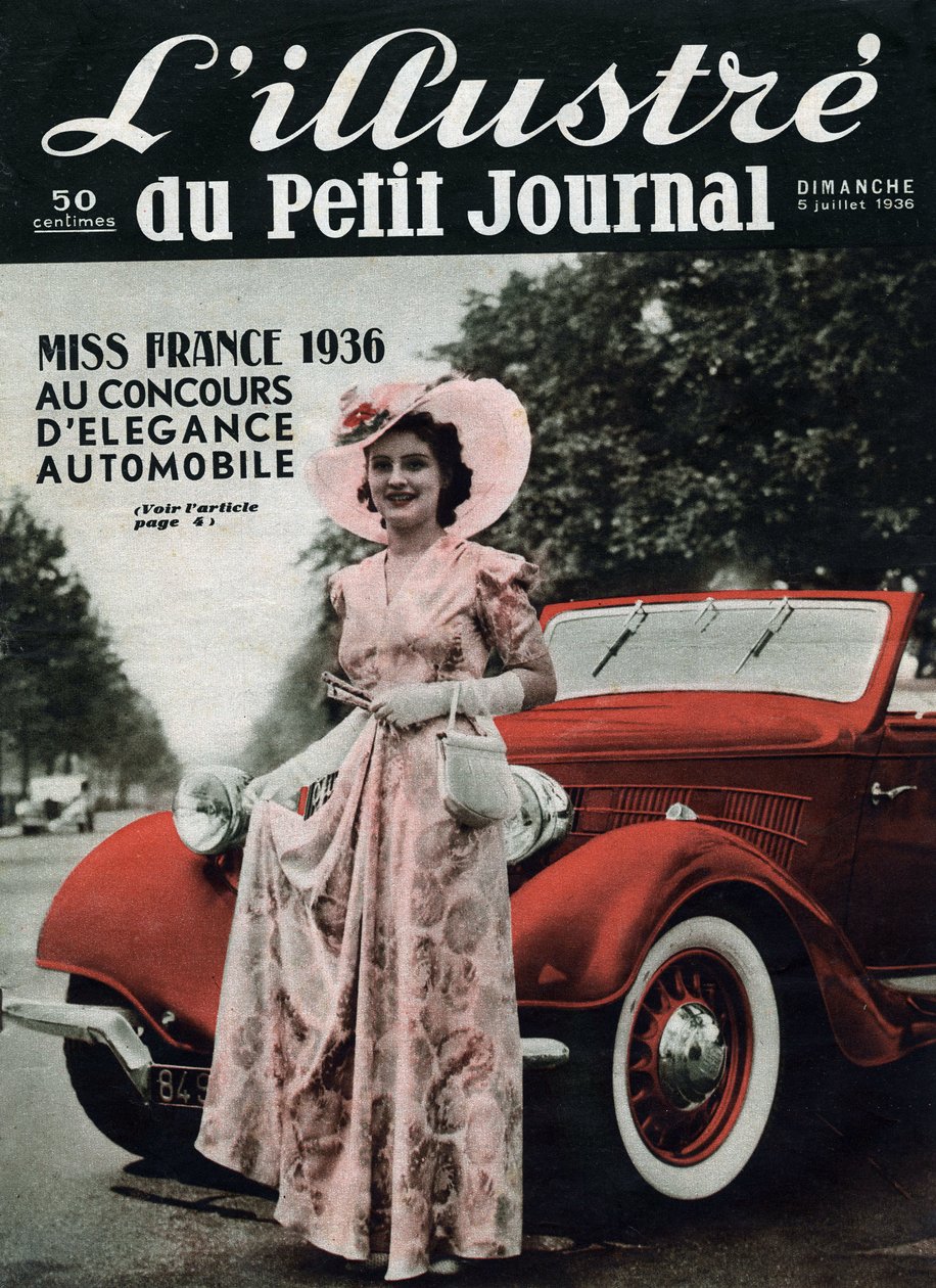 Lynne Lassal Miss Francia 1936 al concorso di eleganza automobilistica. Uno del giornale 