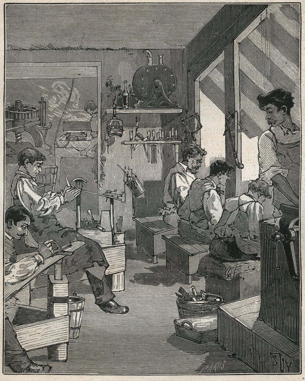 Fabbricazione di pettini in un laboratorio in Francia nel XIX secolo. Incisione del 1885 in "Les arts et métiers illustrés" di Adolphe Bitard da Anonymous Anonymous
