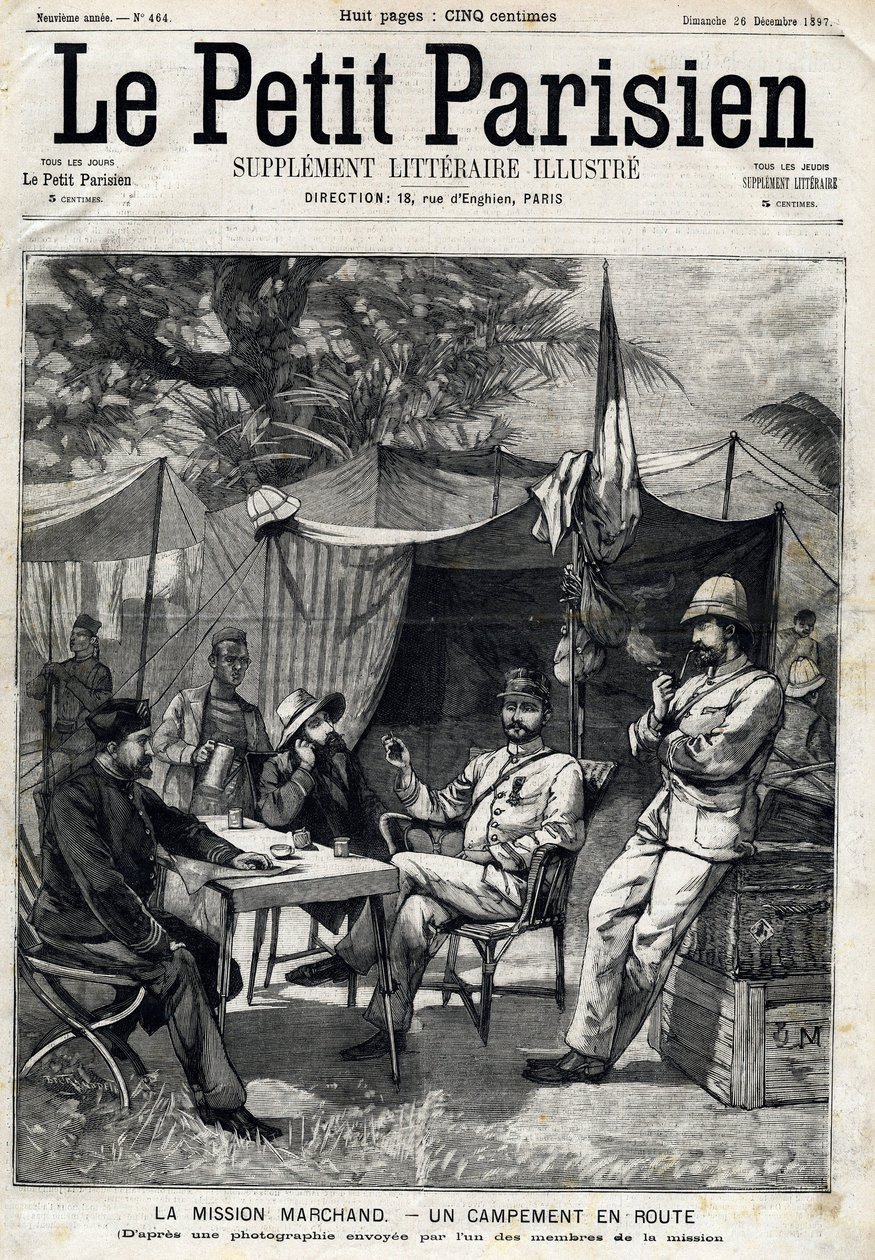 Campo della Missione Marchand: Jean-Baptiste Marchand (1863-1934), il Capitano Baratier alla sua sinistra e il Tenente Victor Emmanuel Largeau (1867-1916) e il Capitano Germain alla sua destra. da Anonymous Anonymous