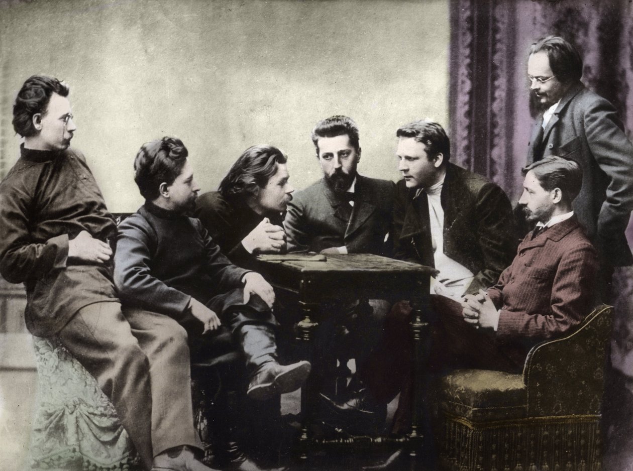 Membri del circolo letterario Sreda, formato nella seconda metà degli anni 1890 da scrittori realisti russi - Ritratti di intellettuali russi del gruppo letterario Znanie: da sinistra a destra, Andrei Skitalets (Stephan Gabrilovich Petrov), Leonid Nikolaev da Anonymous Anonymous