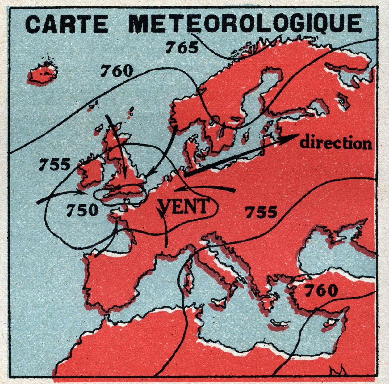 Meteorologia: mappa meteorologica. Illustrazione anonima del 1925. Collezione privata da Anonymous Anonymous