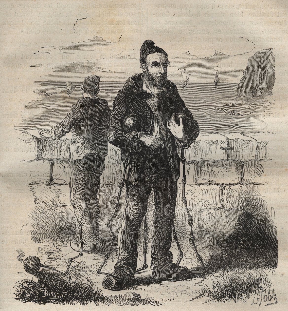 Condannati militari al bagne di Tolone nel XIX secolo. Incisione in "Histoire des bagnes depuis leur création à nos jours" (1877) di Pierre Zaccone (1817-1895) (Colonia Penale). Collezione privata da Anonymous Anonymous