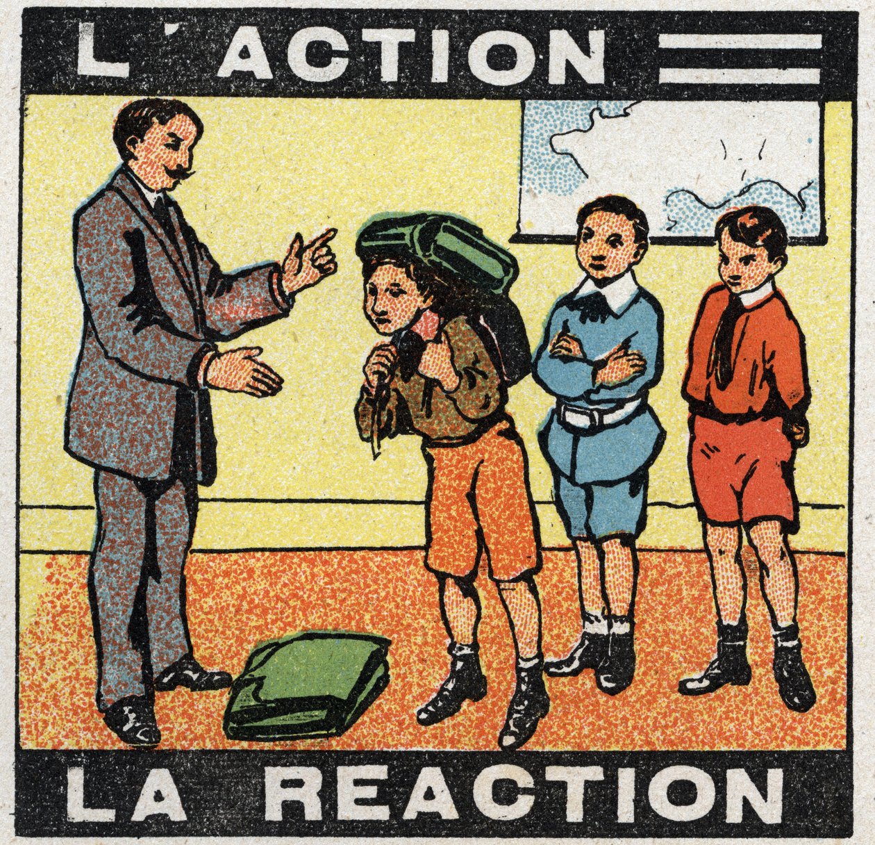 Movimenti: azione, reazione. Un ragazzo che indossa la sua borsa. Illustrazione anonima del 1925. Collezione privata da Anonymous Anonymous