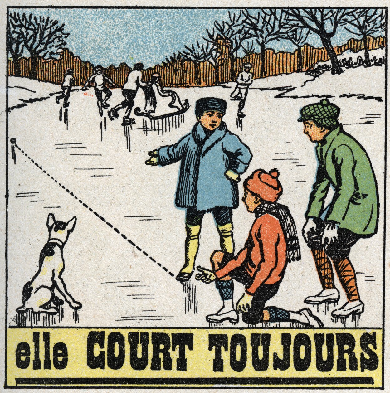 Movimenti: bambini che giocano a palle sul ghiaccio di uno stagno in inverno. Illustrazione anonima del 1925. Collezione privata. da Anonymous Anonymous