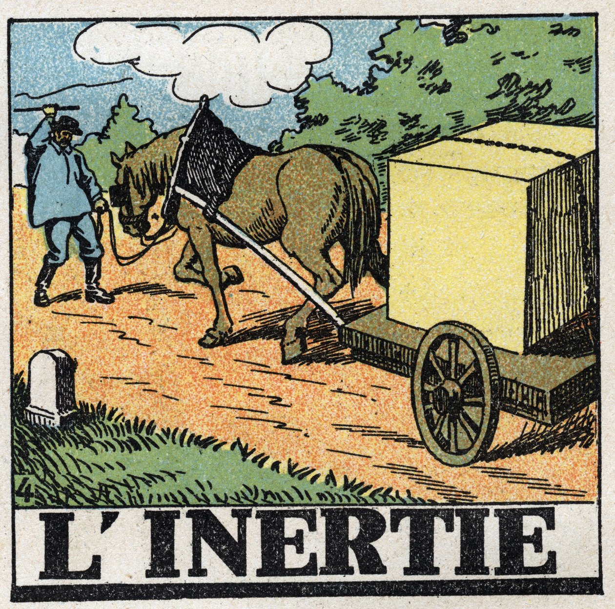 Movimenti: inerzia. Un carrettiere frusta il suo cavallo per farlo avanzare. Illustrazione anonima del 1925. Collezione privata. da Anonymous Anonymous