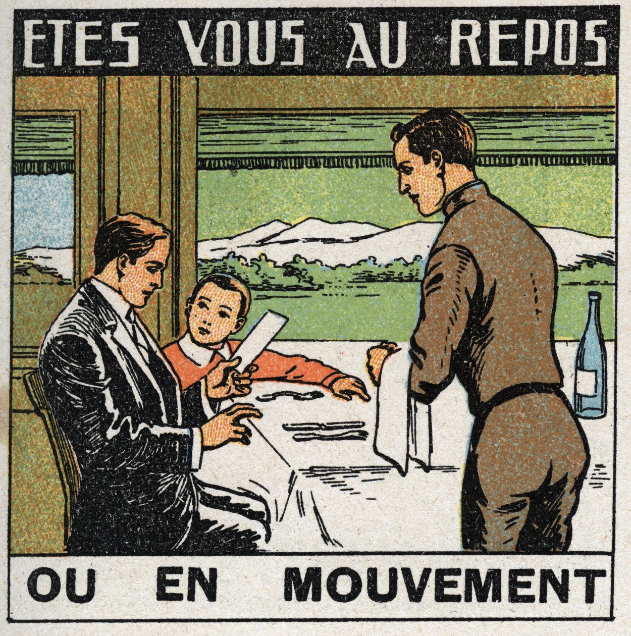Movimenti: scena nel ristorante di un treno dove i passeggeri non si muovono mentre il treno avanza. Illustrazione anonima del 1925. Collezione privata da Anonymous Anonymous