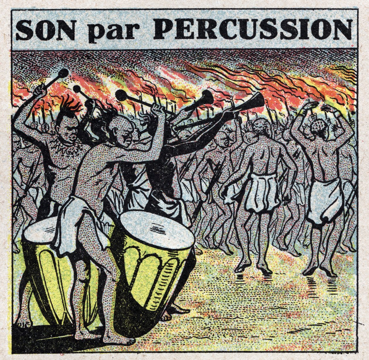 Strumenti musicali: suonatori di percussioni in un villaggio africano. Illustrazione anonima del 1925. Collezione privata. da Anonymous Anonymous