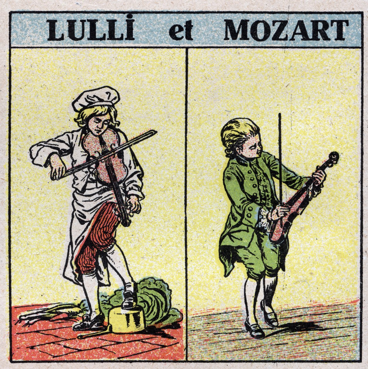 Jean Baptiste Lully e Wolfgang Amadeus Mozart che suonano il violino. Illustrazione anonima del 1925. Collezione privata da Anonymous Anonymous