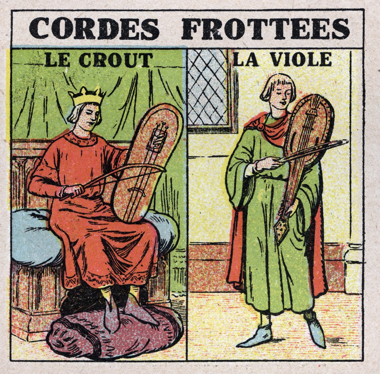 Strumenti musicali: strumenti a corda strofinati. Suonatori di crout e rapes nel Medioevo. Illustrazione anonima del 1925. Collezione privata. da Anonymous Anonymous