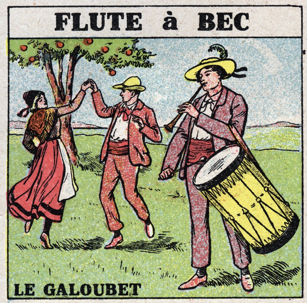 Strumenti musicali: strumenti a fiato. Suonatore di galoubet (flauto a becco). Illustrazione anonima del 1925. Collezione privata. da Anonymous Anonymous