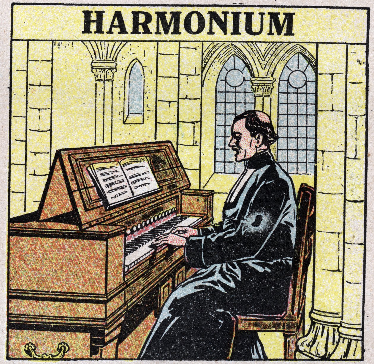 Strumenti musicali: strumenti a fiato a mano. Suonatore di armonium in una chiesa. Illustrazione anonima del 1925. Collezione privata. da Anonymous Anonymous