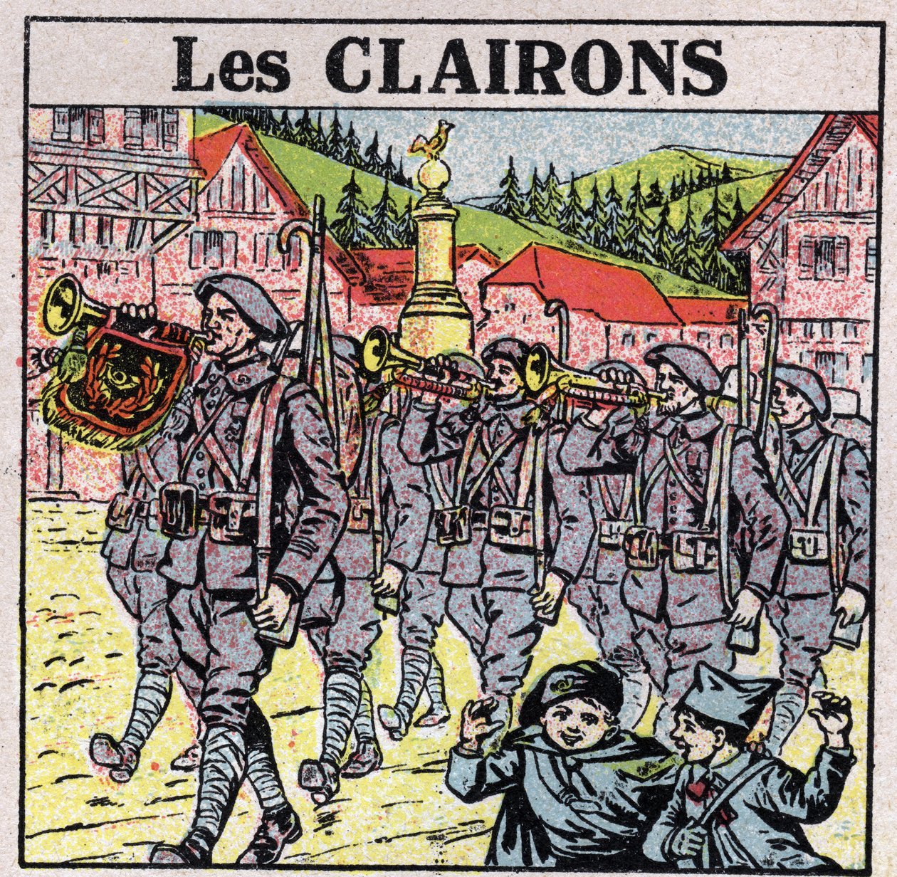 Strumenti musicali: strumenti a fiato con bocca a vaso. Suonatori di corno durante una corsa militare. Illustrazione anonima del 1925. Collezione privata. da Anonymous Anonymous