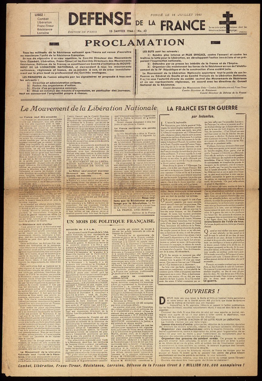 Uno dei giornali clandestini "Difesa della Francia" del 15/01/1944 da Anonymous Anonymous