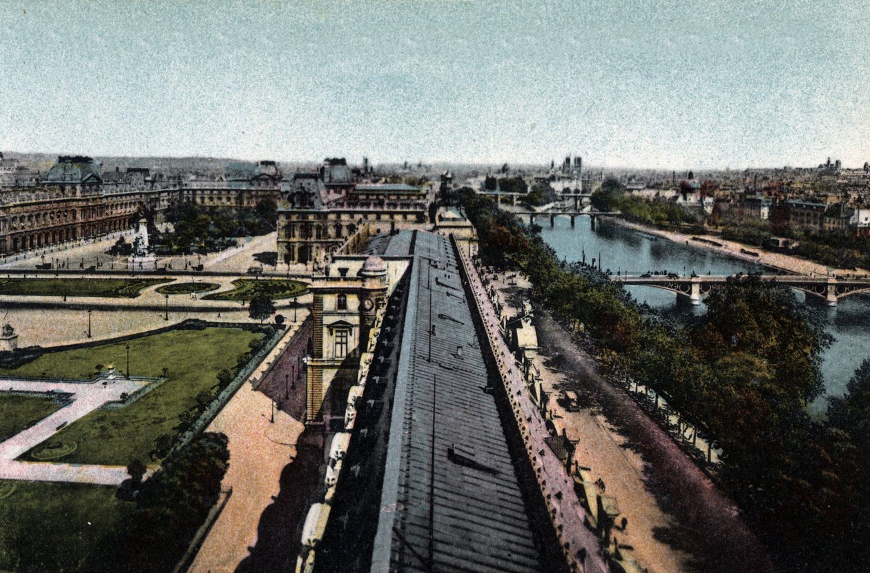 Parigi: panorama verso il Louvre. La Senna e la Cattedrale di Notre Dame, a destra. Fotografia del 1920 in 