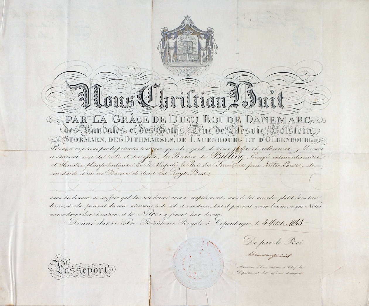 Passaporto del Re di Danimarca Christian VIII datato 1845. da Anonymous Anonymous
