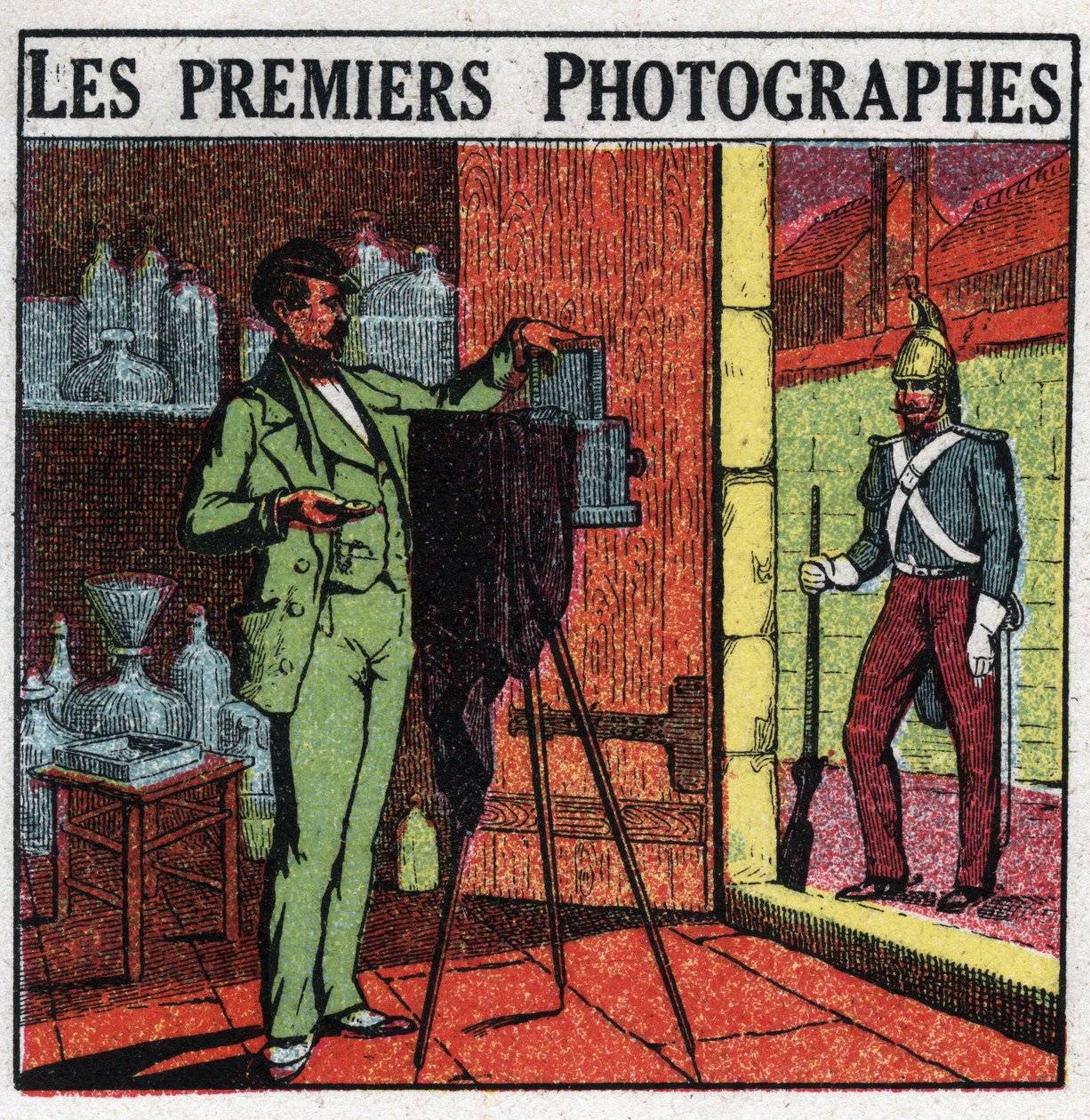 Fotografia: i primi fotografi nel XIX secolo. Fotografo che ritrae un soldato nel suo studio. Illustrazione anonima del 1925. Collezione privata. da Anonymous Anonymous