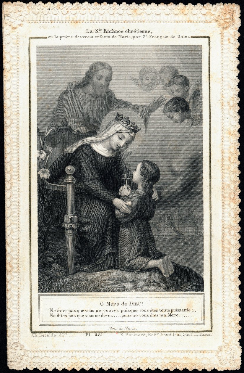 Immagine pia: Santa infanzia cristiana, o la preghiera dei veri figli di Maria, di San Francesco di Sales. Carta dentellata. Collezione privata da Anonymous Anonymous