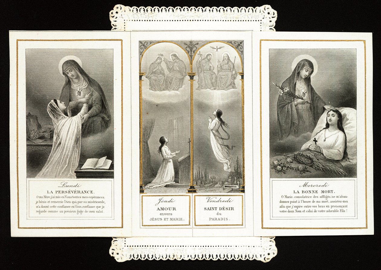 Immagine pia: perseveranza, Amore verso Gesù e Maria, il Santo Desiderio del Paradiso, la Buona Morte. Carta dentellata in trittico. XIX secolo. Collezione privata da Anonymous Anonymous